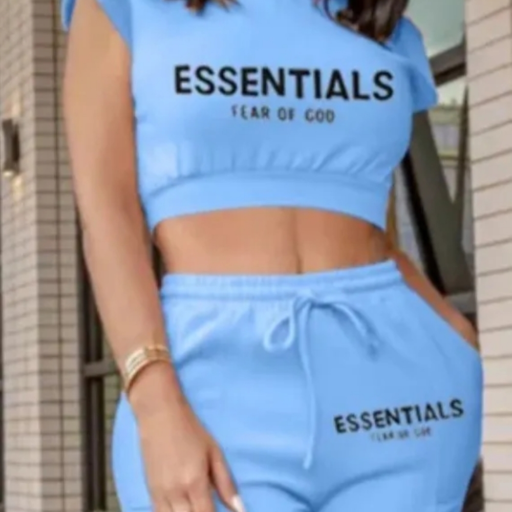 Short Set Womens Size Large Casual Blue Crop Top